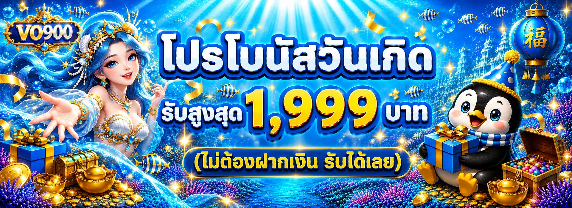 แบนเนอร์โปรโมชั่นวันเกิด VO900 สีน้ำเงินและทอง